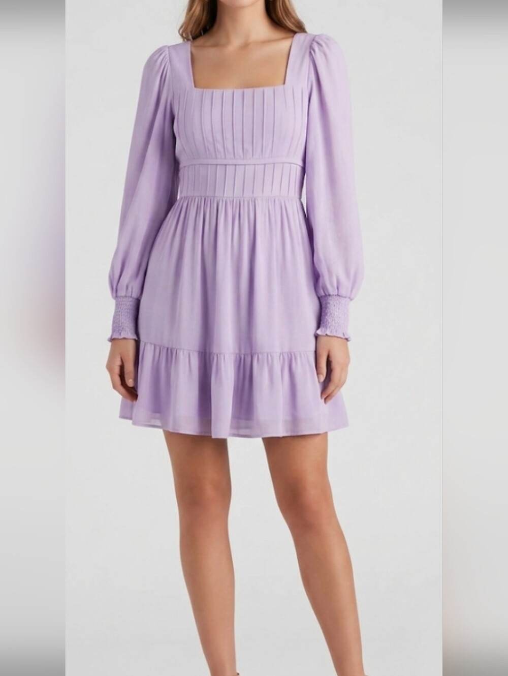 Square-Neck Lilac Tiered Mini Dress with Smocked Cuffs